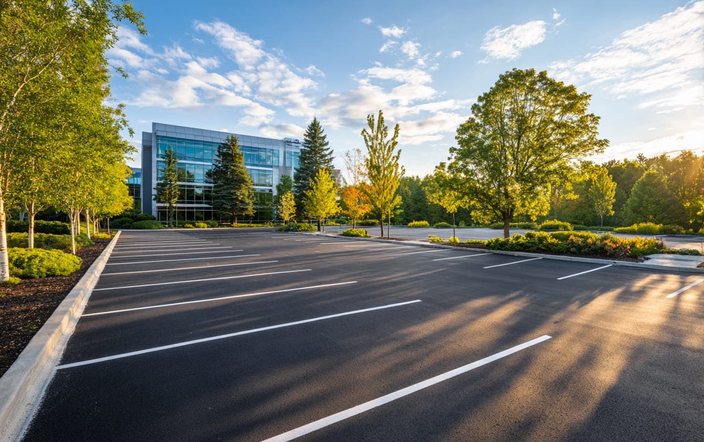 Freshly paved commercial parking lot with crisp white line striping at a modern Connecticut office building