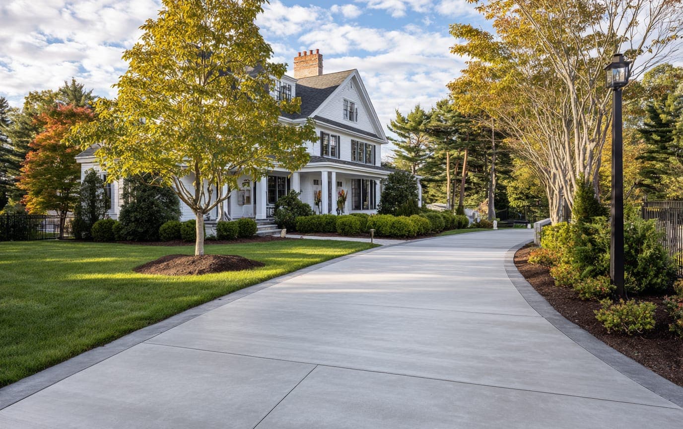 Pristine concrete driveway and walkway leading to a classic New England home at golden hour