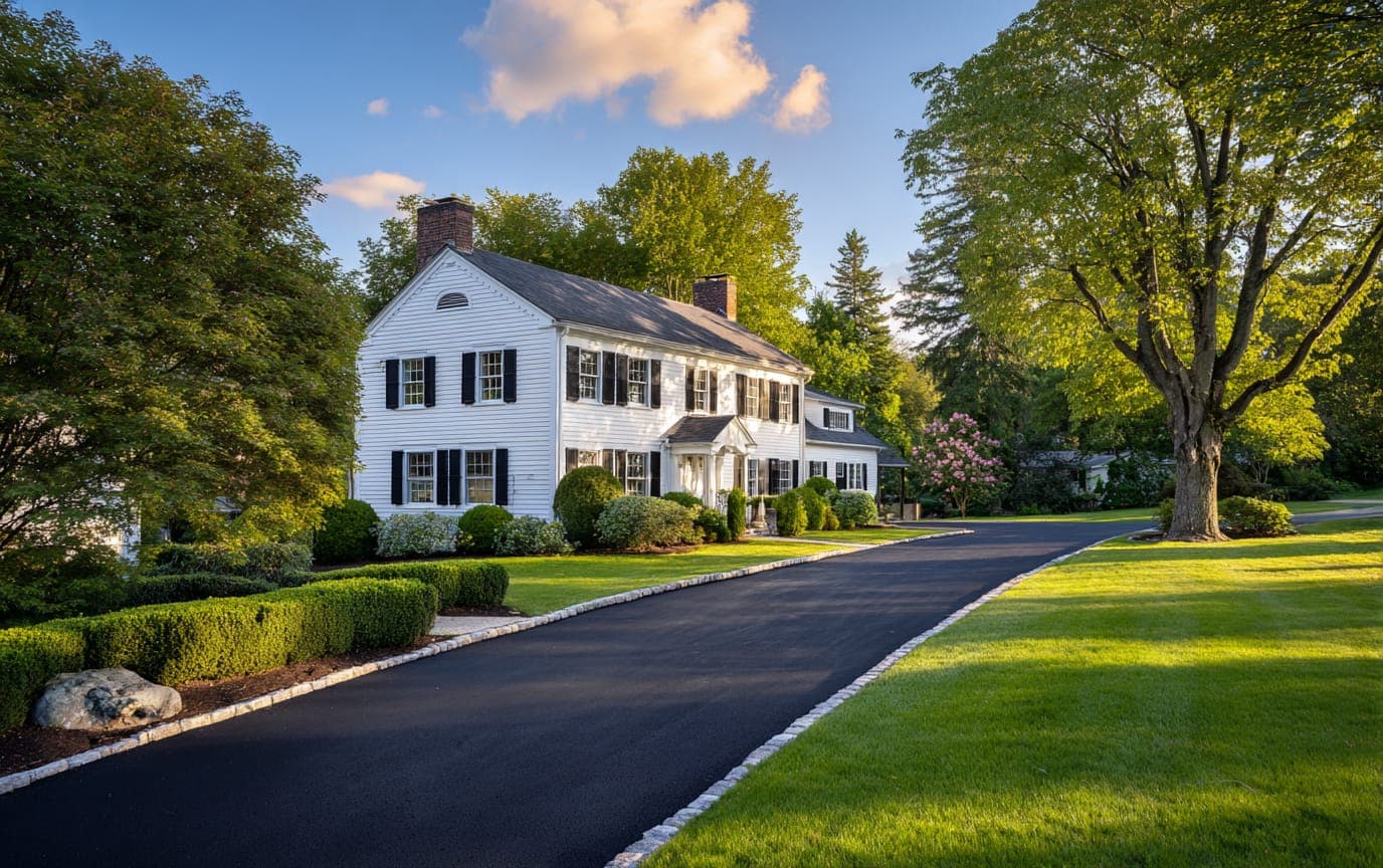 Freshly paved asphalt driveway leading to a classic New England colonial home