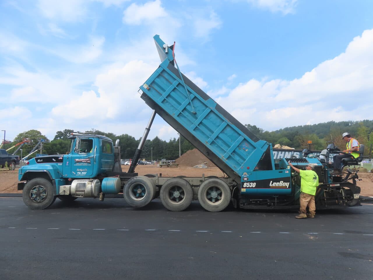 Commercial Parking Lot Paving project in North Branford, CT — Maisano dump truck and LeeBoy paver