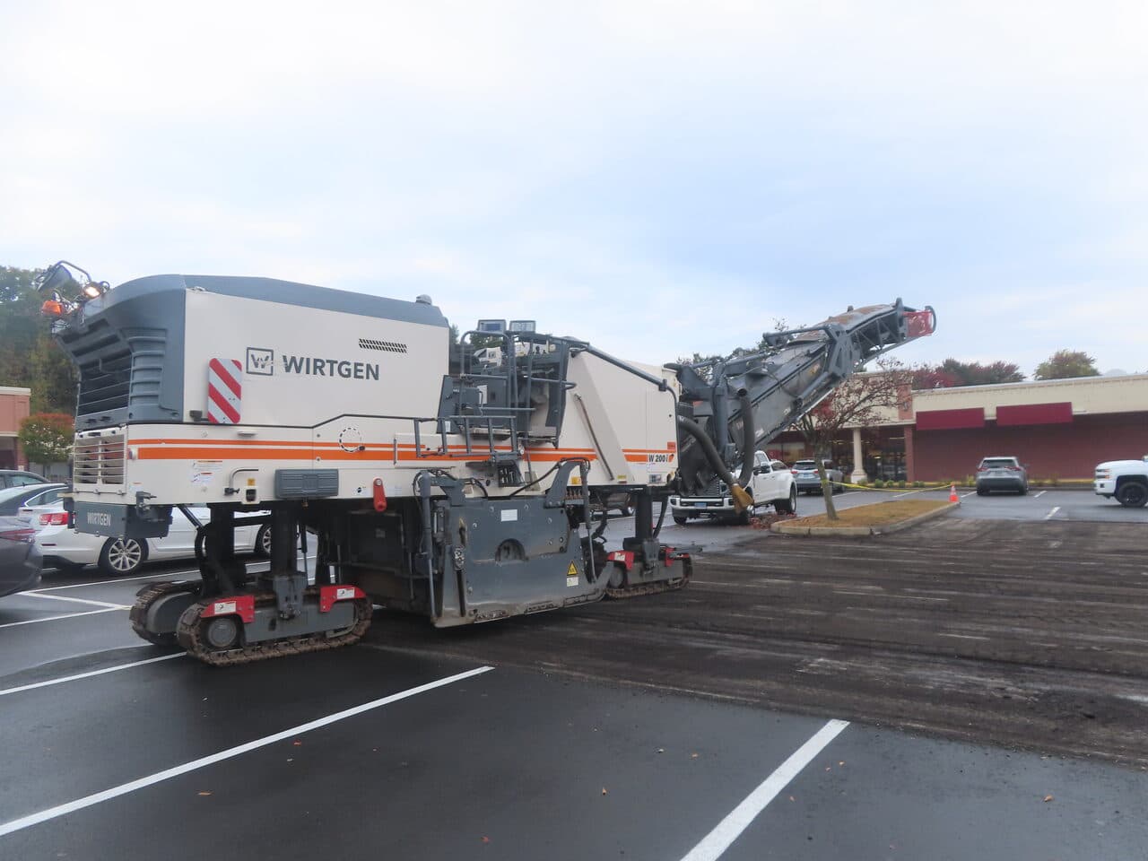 Commercial Parking Lot Paving project in Farmington, CT — Wirtgen cold planer rear view