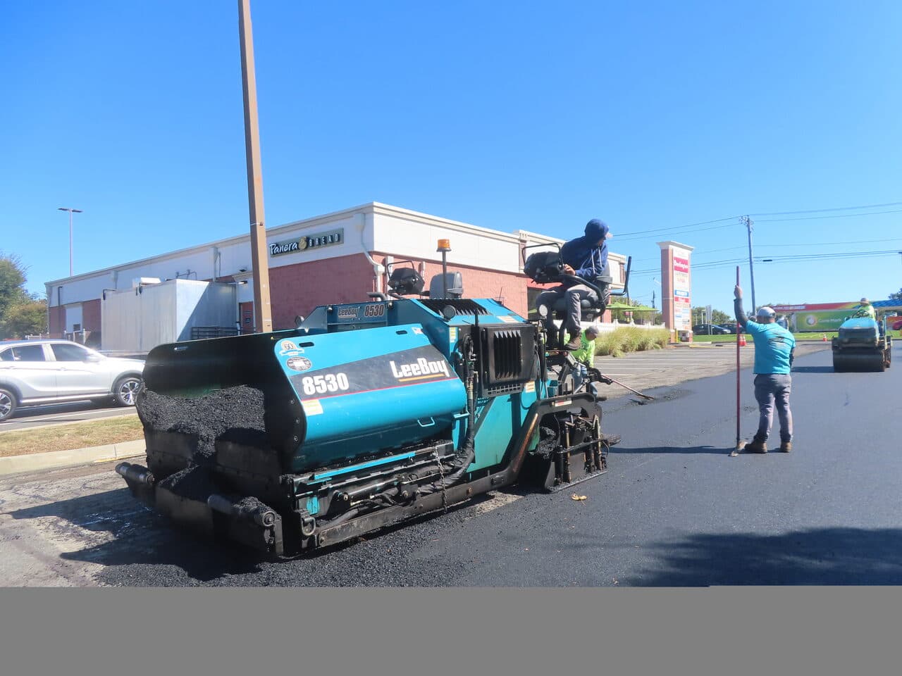 Commercial Parking Lot Paving project in Farmington, CT — LeeBoy 8530 paver laying asphalt