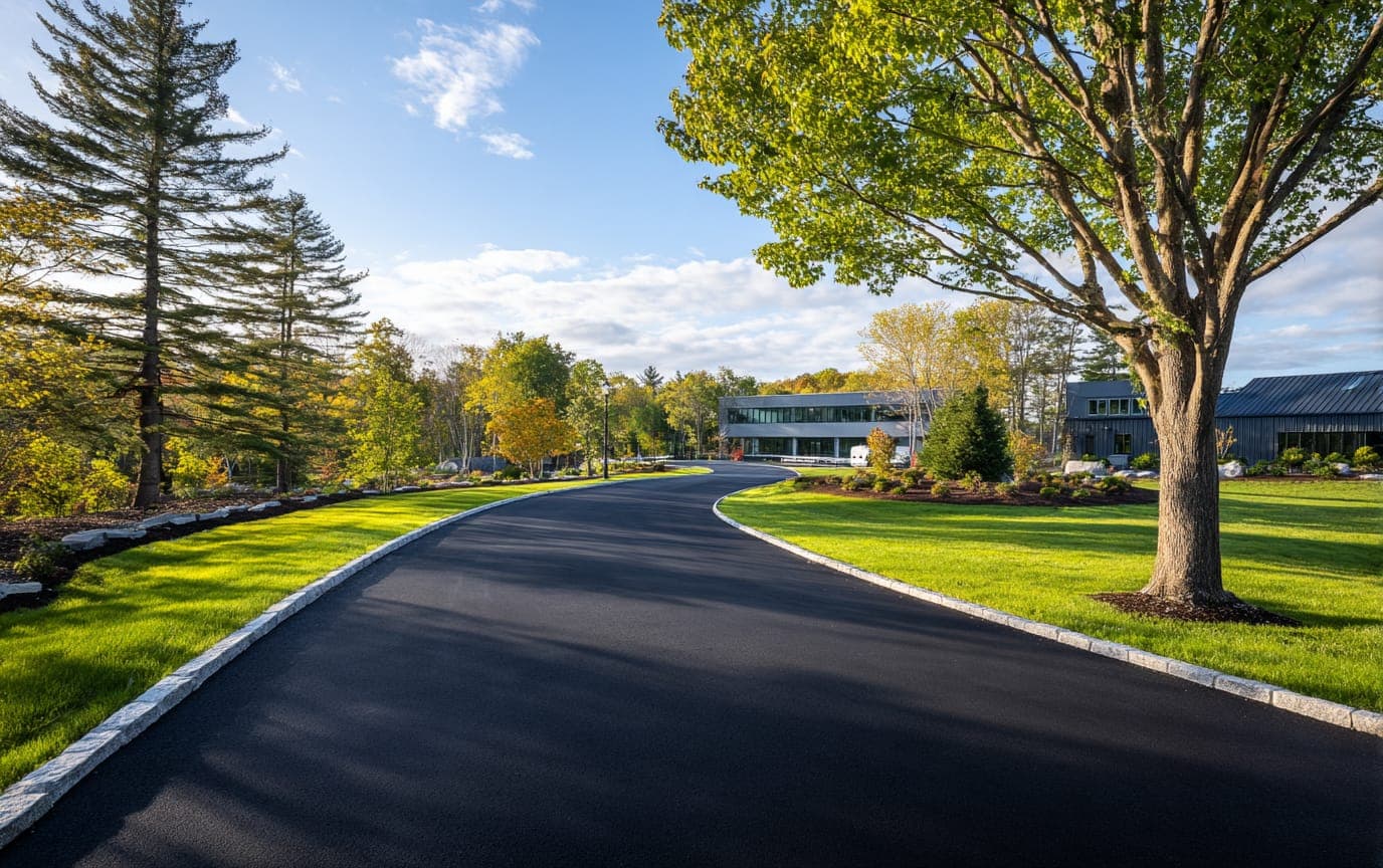 Freshly paved asphalt drive curving through a manicured Connecticut property at golden hour