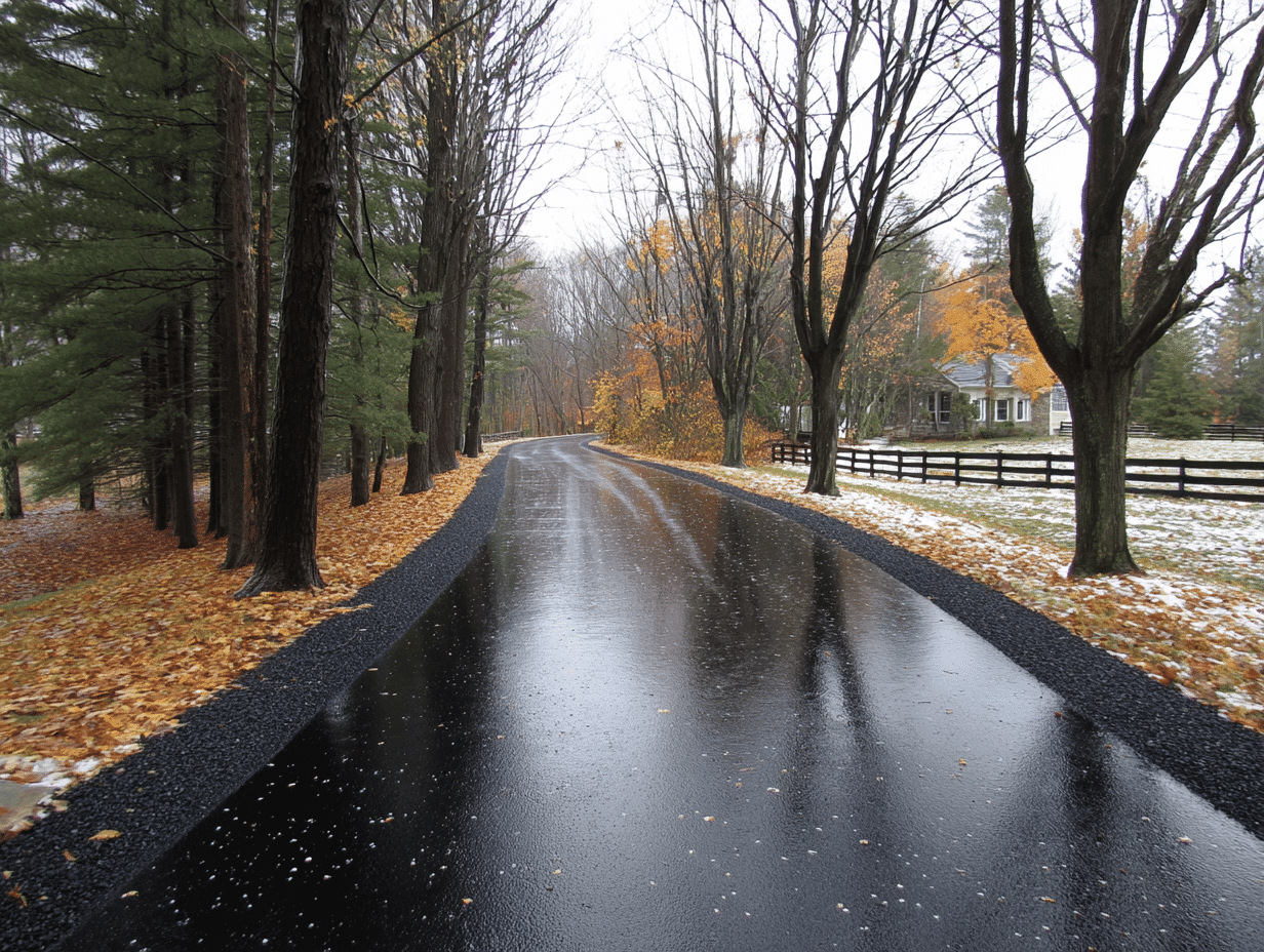 Freshly paved asphalt driveway in New England with a smooth black finish, lined with autumn trees and light snow on the ground.