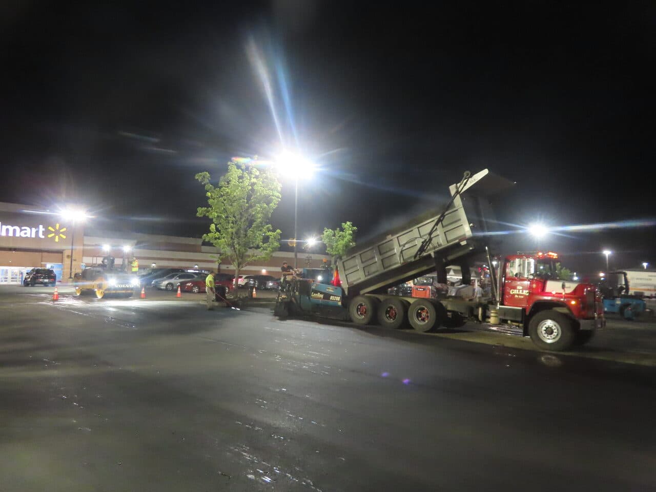 Commercial Night Parking Lot Paving project in Pittsburgh, PA — night paving Walmart lot trucks