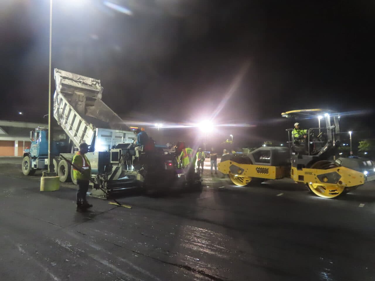 Commercial Night Parking Lot Paving project in Pittsburgh, PA — night paving paver and roller