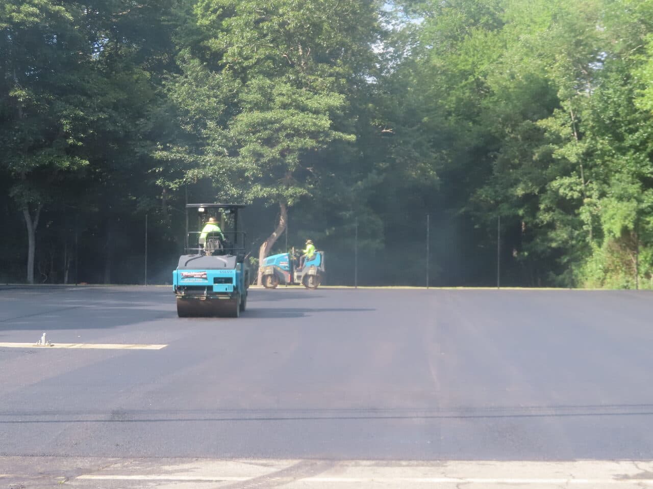 Commercial Parking Lot Paving project in Barrington, RI — rollers compacting fresh asphalt