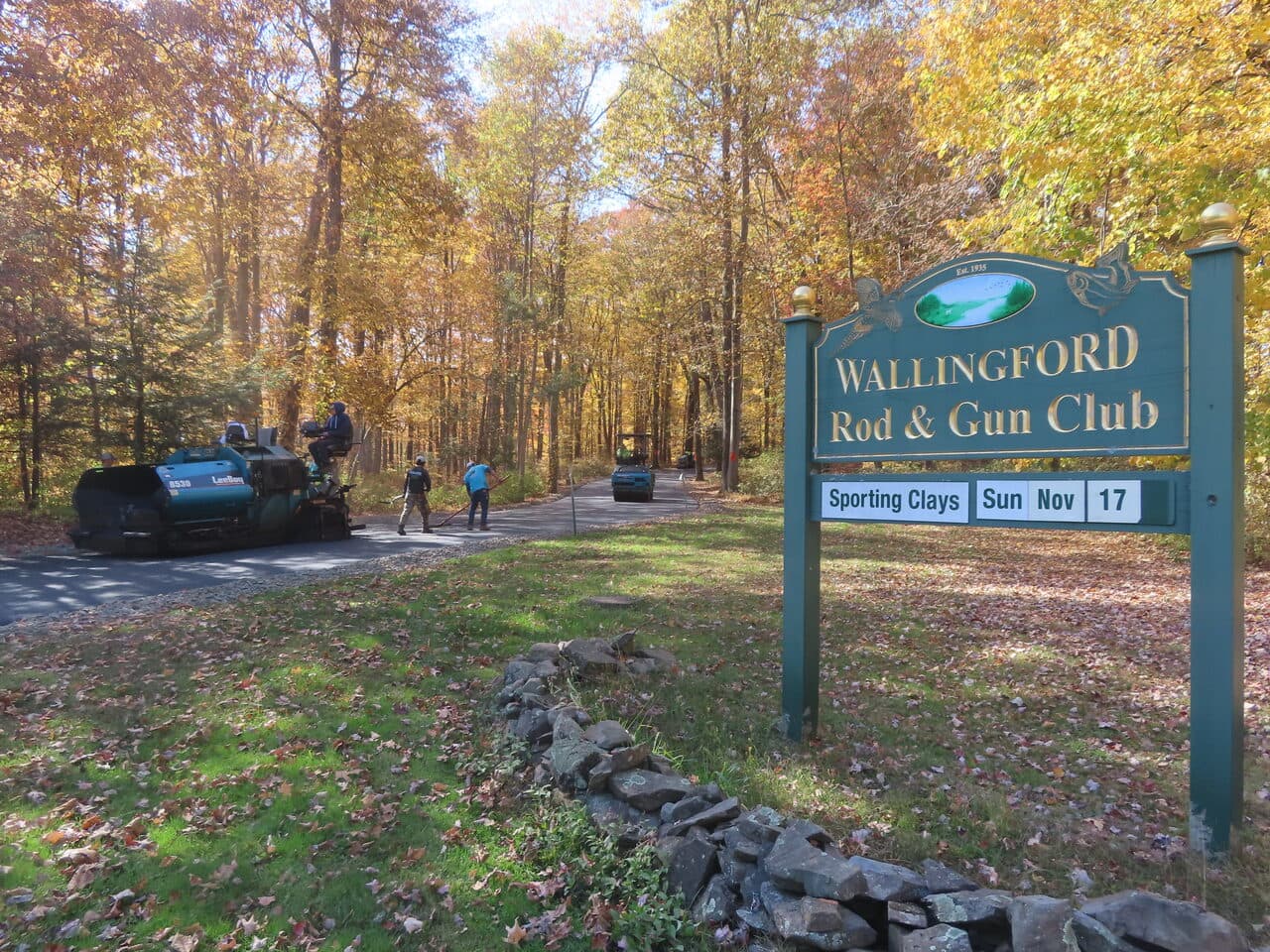 Roadway Paving project in Wallingford, CT — Wallingford Rod Gun Club sign and crew