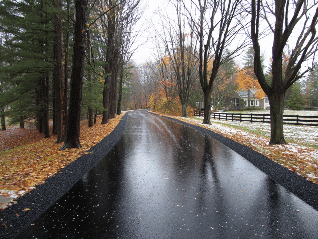 Freshly paved asphalt driveway in New England with a smooth black finish, lined with autumn trees and light snow on the ground.