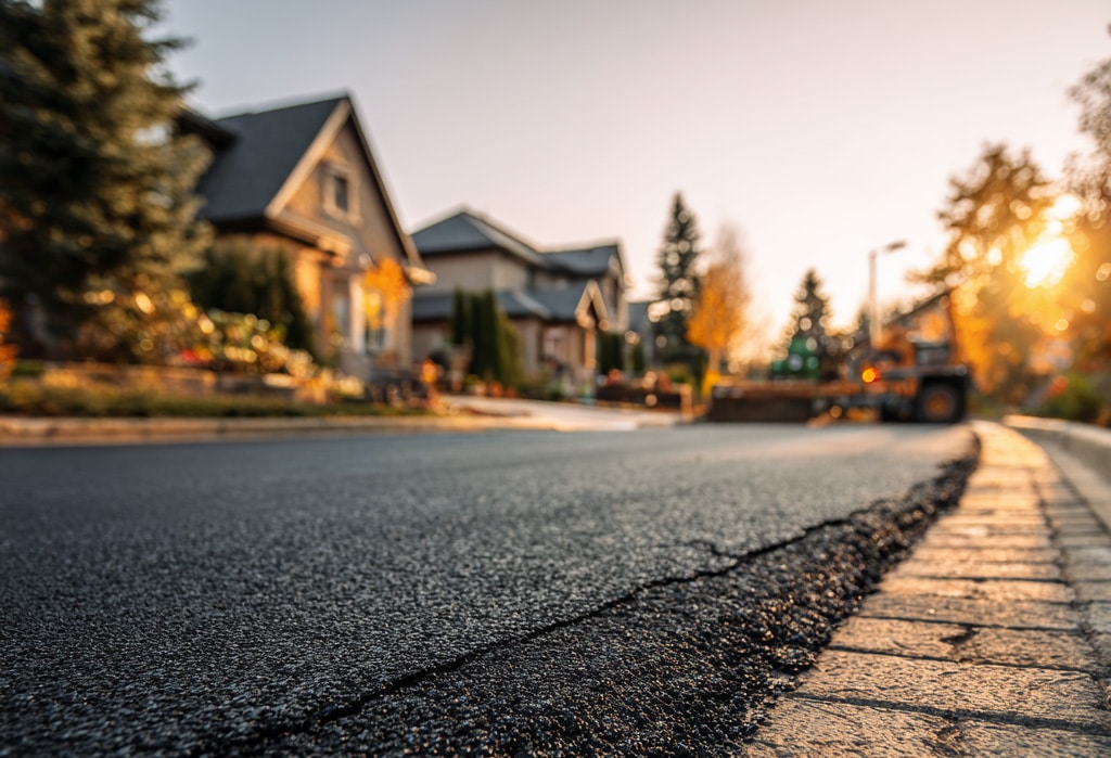 Newly paved asphalt driveway in residential neighborhood showing smooth surface and clean edges