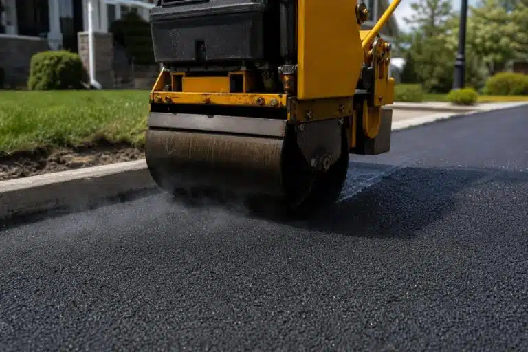 Fresh asphalt driveway being compacted by a small roller