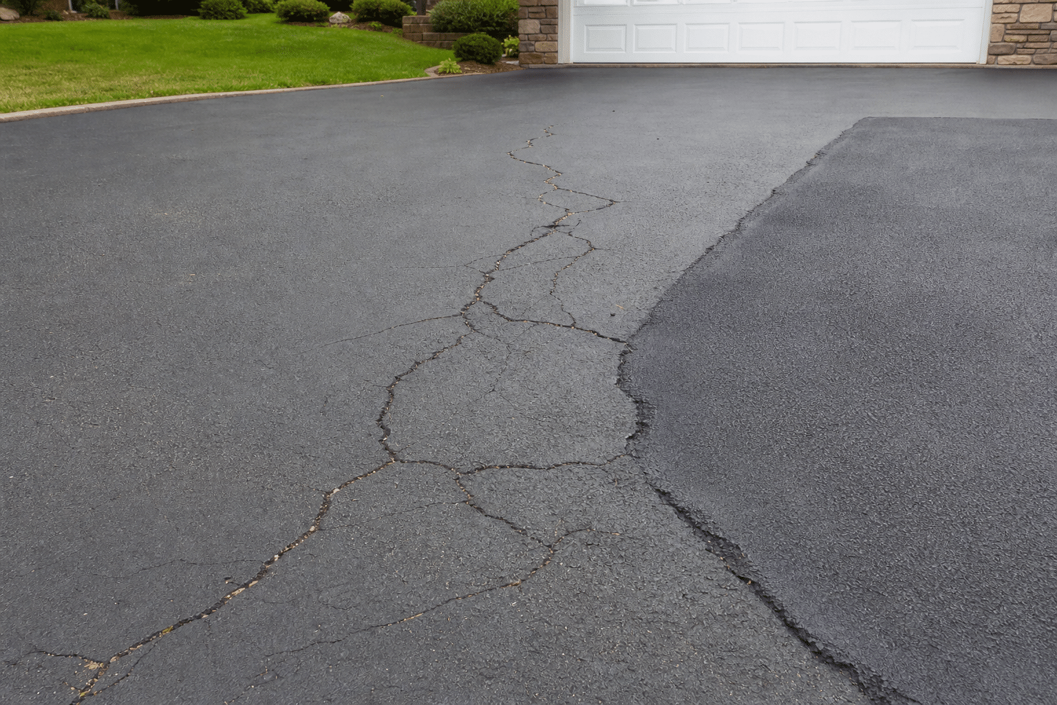 Cracked and repaired asphalt driveway