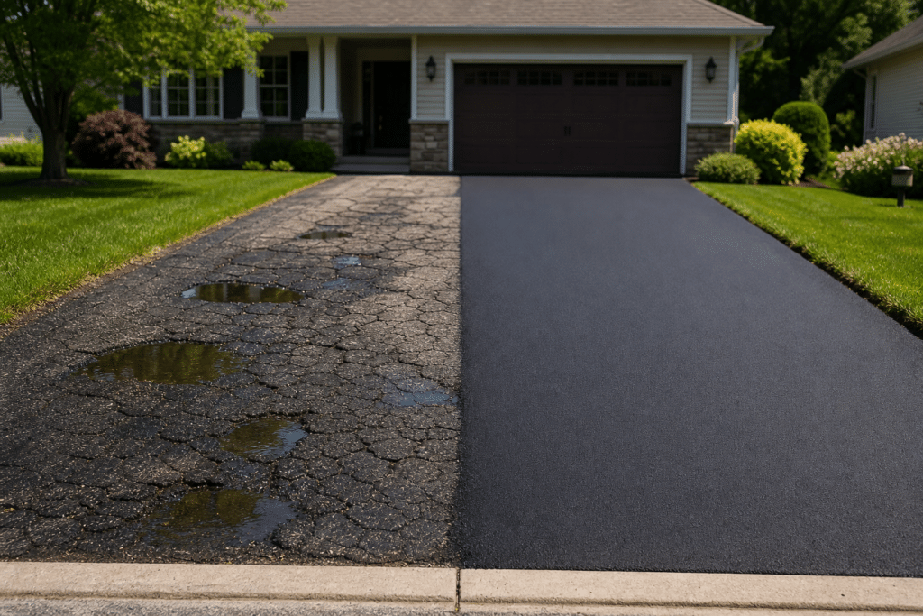 Cracked asphalt driveway with repair context