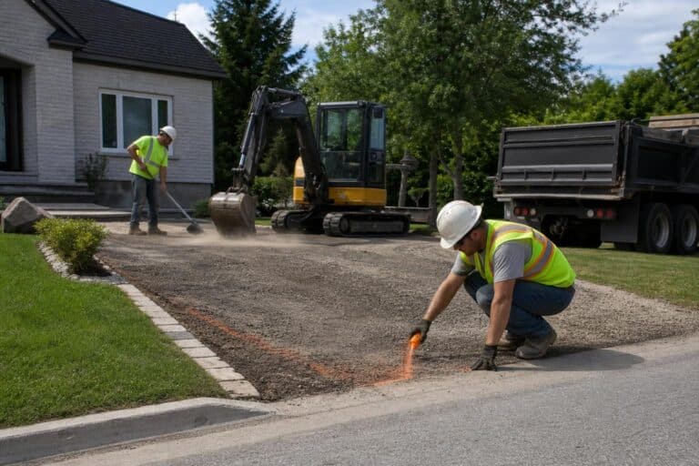 Construction crew preparing an asphalt paving project before installation